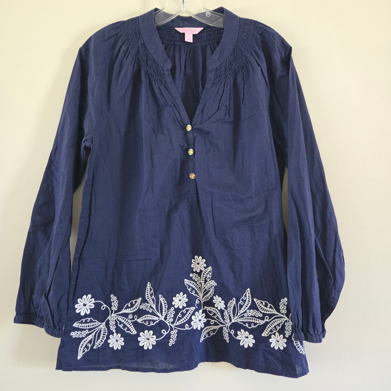 Lilly Pulitzer Navy Blue Floral Embroidered Cotton Tunic Top Gold Buttons M